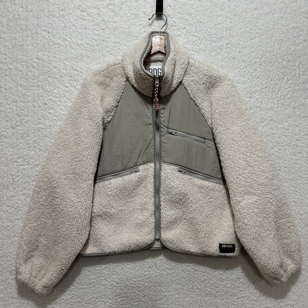BDG Urban Outfitters Chuck Crop‎ Fleece Zip-Up Ivory Jacket Women's Size Small